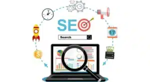 A laptop with lots of icons and a magnifying glass symbolizes the benefits of SEO optimization for a website