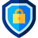 A blue shield with a yellow lock symbolizes security and protection.